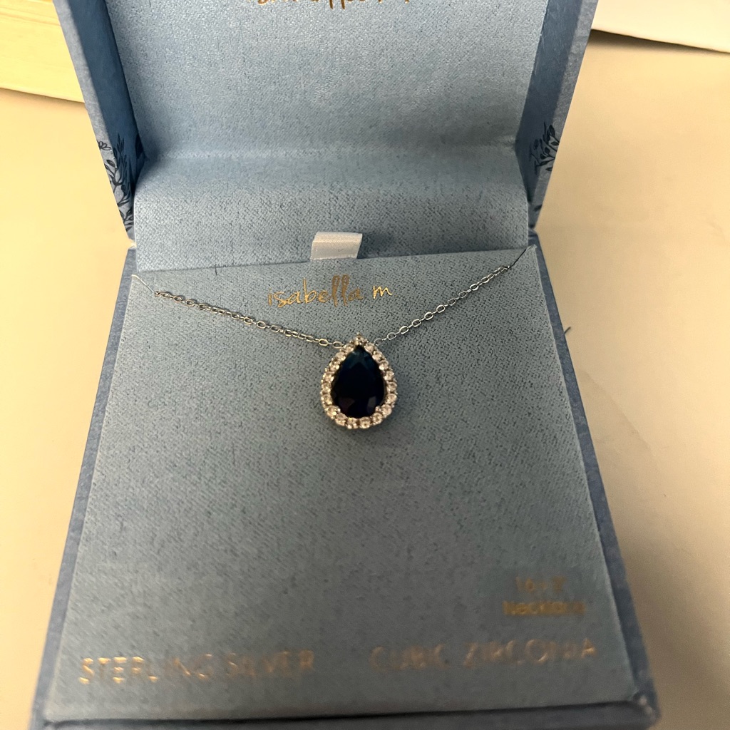 Isabella M Necklace 16 Plus 2 Additional Inches Blue Stone Cubic Zirconia Silver